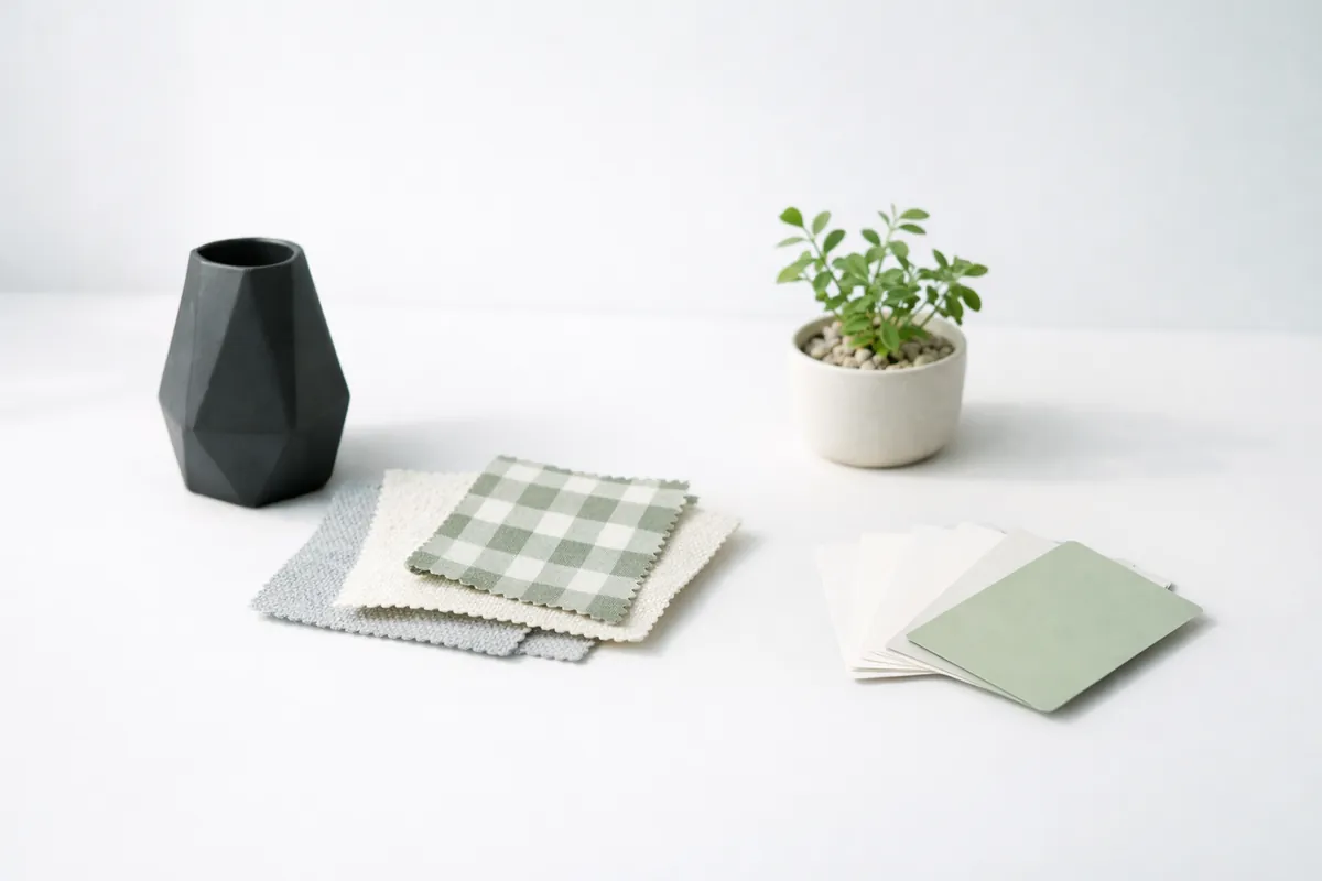 A white studio table with a black ceramic vase, fabric swatches, a small plant and colour cards.