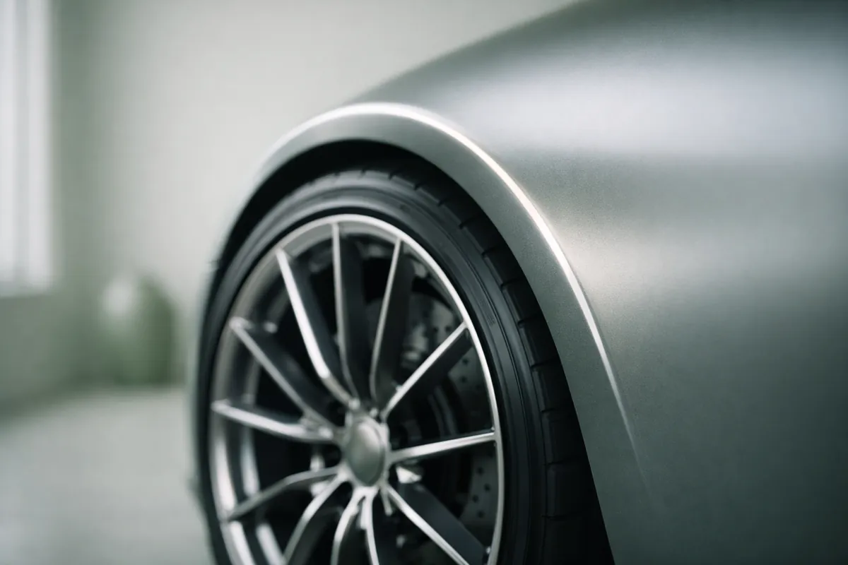 Close-up of a car's alloy wheel and a satin graphite fender.