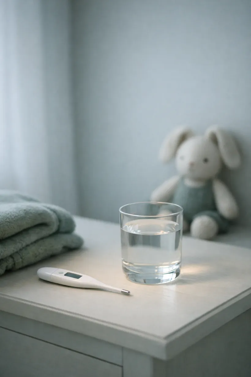 A bedside table at night with a thermometer, a glass of water and a child's toy rabbit.