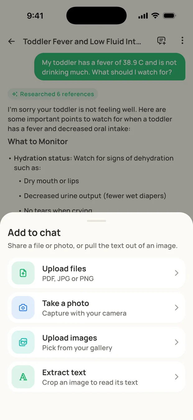 The Add to chat sheet: upload files, take a photo, upload images, or extract text.