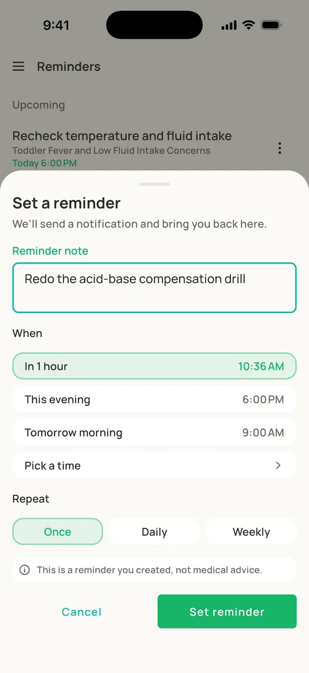 The Set a reminder sheet with a note, a time and a repeat option.