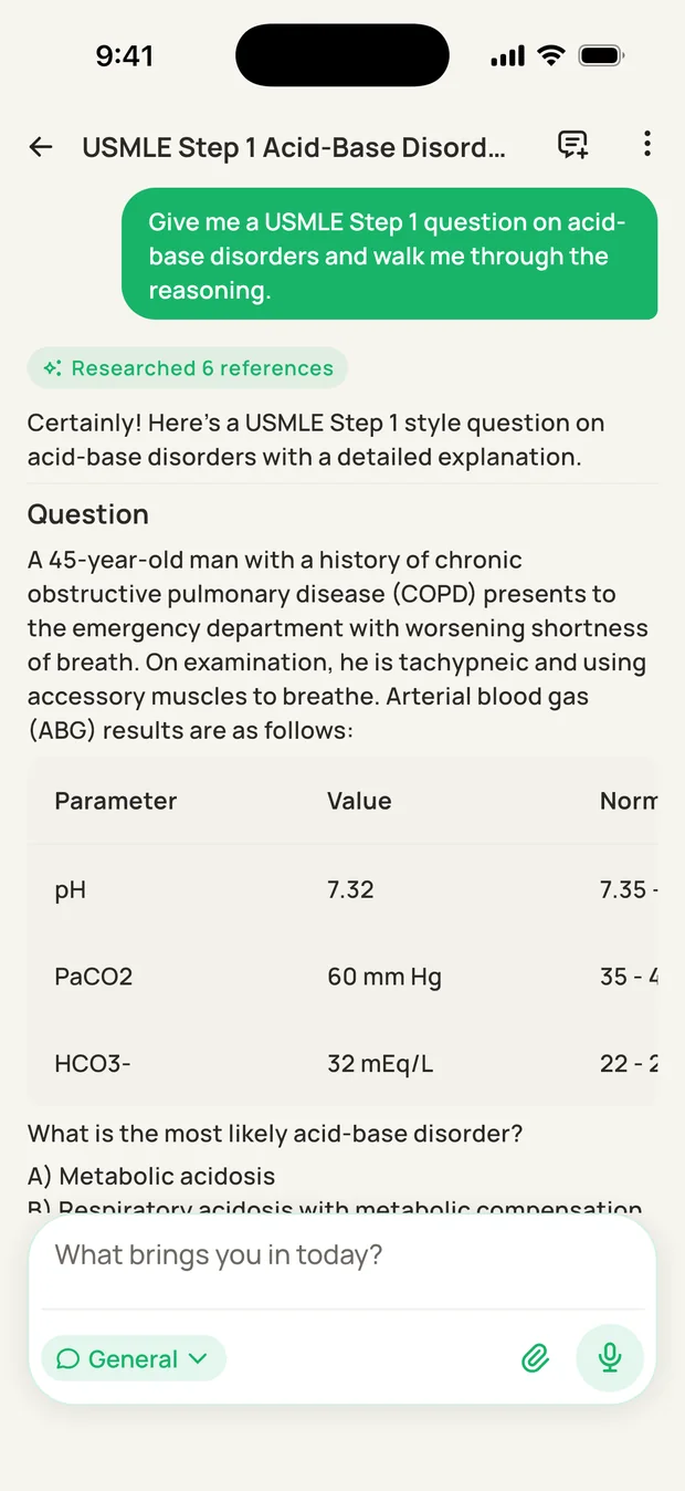 A USMLE Step 1 acid-base question about a patient with COPD, with arterial blood gas values.