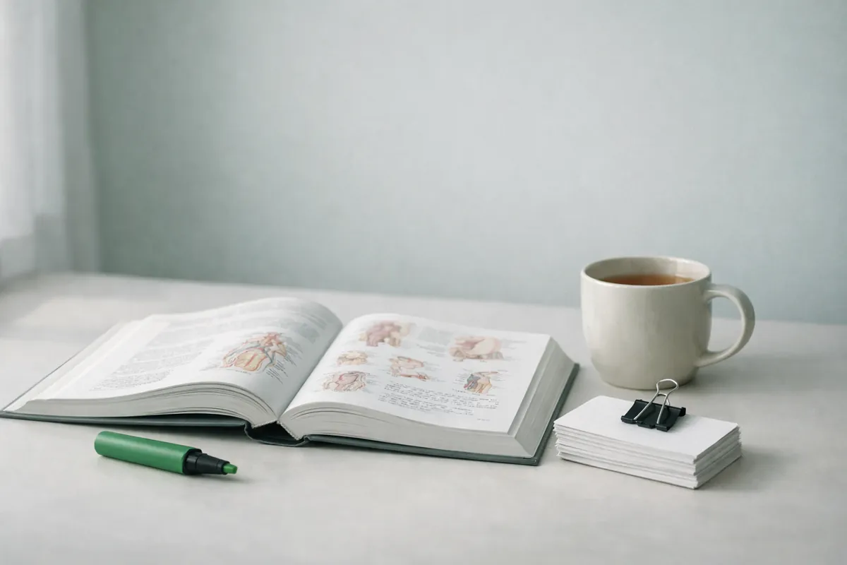 A study desk with an open medical textbook, a green highlighter and index cards.