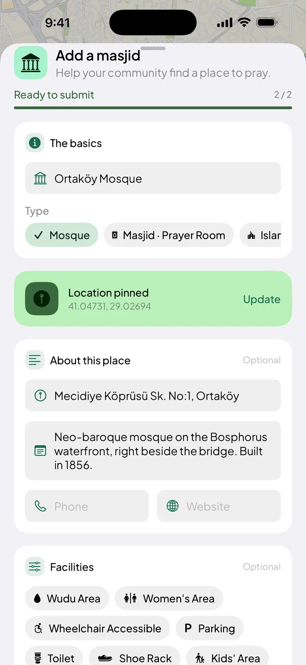 The Add a masjid form for Ortaköy Mosque, with the type, a pinned location and a description.