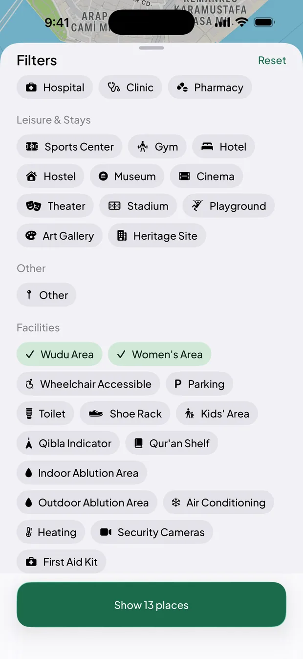 The Filters sheet with Wudu Area and Women's Area selected, and a Show 13 places button.