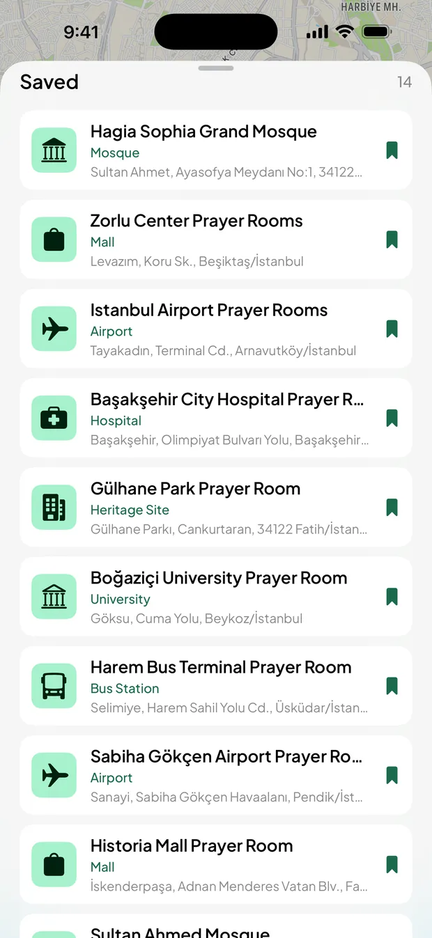 The Saved list: Hagia Sophia Grand Mosque, Zorlu Center Prayer Rooms, Istanbul Airport Prayer Rooms and a hospital prayer room.